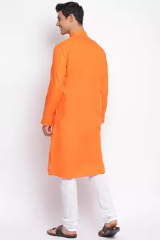 Deep Orange Cotton plain Straight men kurta With Churidar