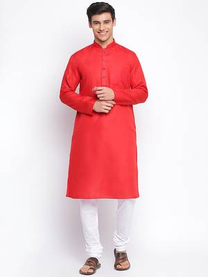 Tomato red Cotton plain Straight men kurta With Churidar 1