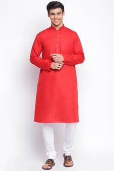 Tomato red Cotton plain Straight men kurta With Churidar
