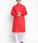 Tomato red Cotton plain Straight men kurta With Churidar