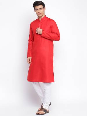 Tomato red Cotton plain Straight men kurta With Churidar 2