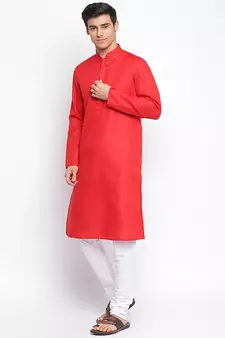 Tomato red Cotton plain Straight men kurta With Churidar