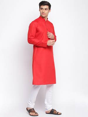 Tomato red Cotton plain Straight men kurta With Churidar 3