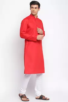 Tomato red Cotton plain Straight men kurta With Churidar