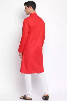 Tomato red Cotton plain Straight men kurta With Churidar