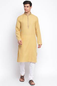 Deep Beige Cotton plain Straight men kurta With Churidar