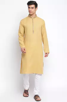 Deep Beige Cotton plain Straight men kurta With Churidar