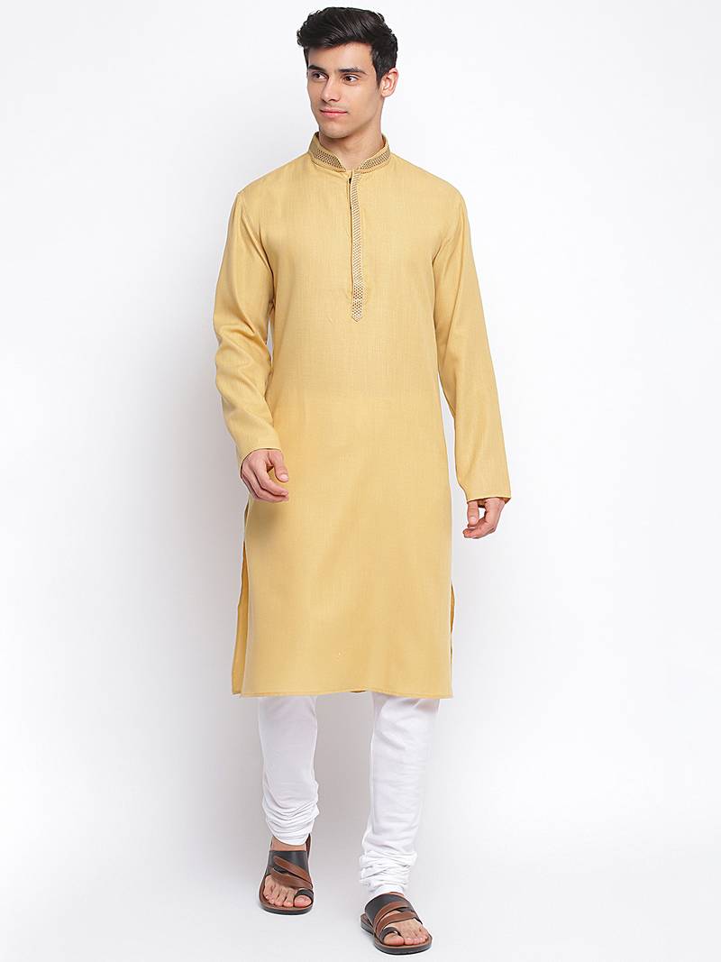 Deep Beige Cotton plain Straight men kurta With Churidar