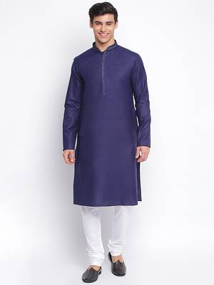Deep Blue Cotton plain Straight men kurta With Churidar 1