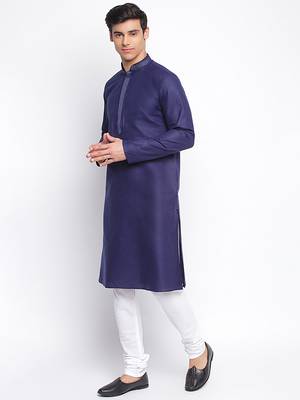 Deep Blue Cotton plain Straight men kurta With Churidar 2
