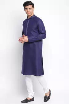 Deep Blue Cotton plain Straight men kurta With Churidar