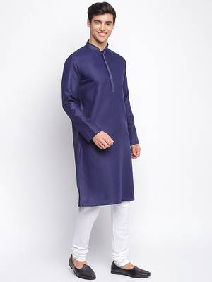 Deep Blue Cotton plain Straight men kurta With Churidar 3