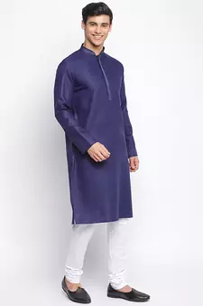 Deep Blue Cotton plain Straight men kurta With Churidar