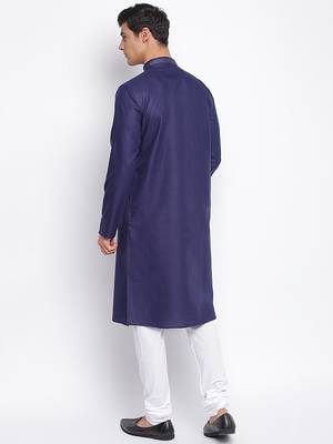 Deep Blue Cotton plain Straight men kurta With Churidar 4