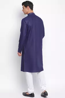 Deep Blue Cotton plain Straight men kurta With Churidar