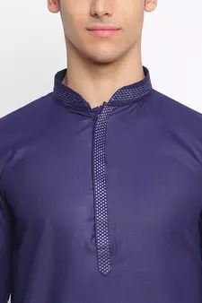 Deep Blue Cotton plain Straight men kurta With Churidar