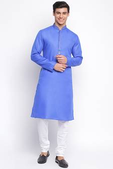 Ink Blue Cotton plain Straight men kurta With Churidar