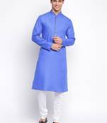 Ink Blue Cotton plain Straight men kurta With Churidar