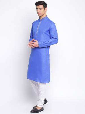 Ink Blue Cotton plain Straight men kurta With Churidar 2