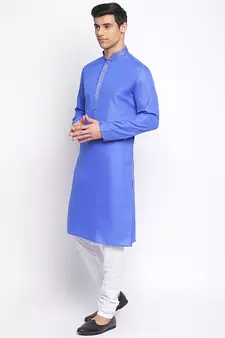Ink Blue Cotton plain Straight men kurta With Churidar