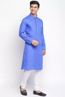 Ink Blue Cotton plain Straight men kurta With Churidar