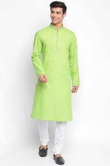 Light Green Cotton plain Straight men kurta With Churidar