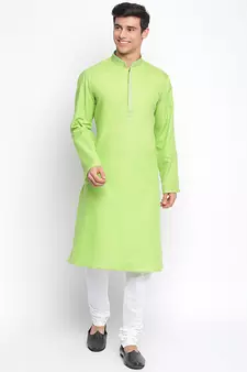 Light Green Cotton plain Straight men kurta With Churidar