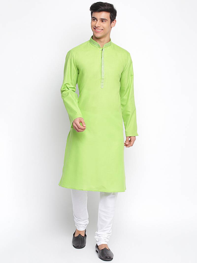 Light Green Cotton plain Straight men kurta With Churidar