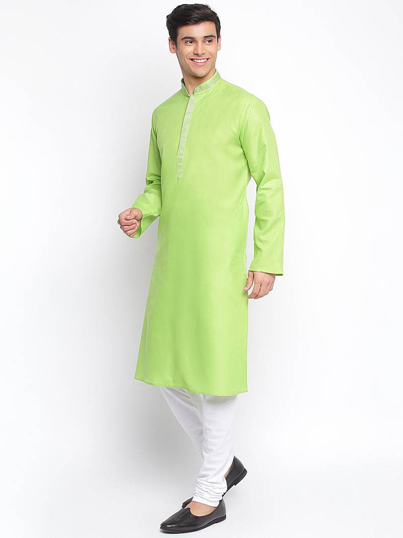 Light Green Cotton plain Straight men kurta With Churidar
