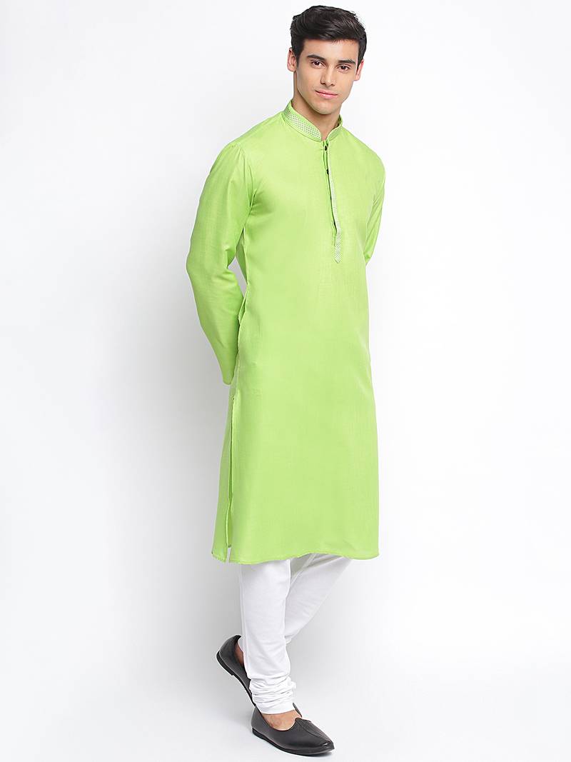 Light Green Cotton plain Straight men kurta With Churidar