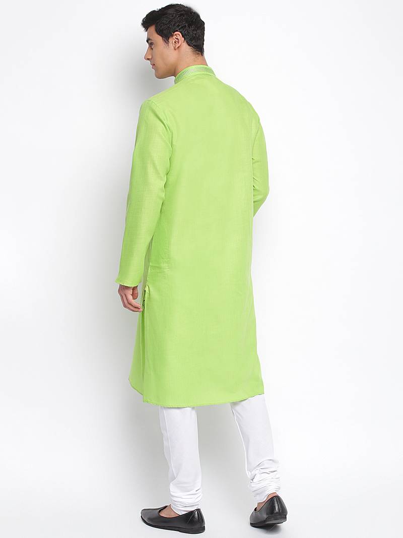 Light Green Cotton plain Straight men kurta With Churidar