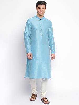 Maya Blue Art Silk plain Straight men kurta With Churidar 1