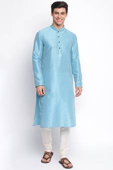 Maya Blue Art Silk plain Straight men kurta With Churidar