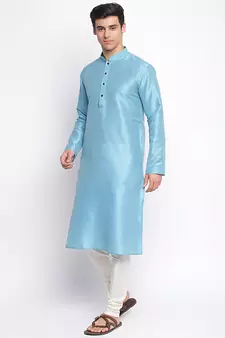 Maya Blue Art Silk plain Straight men kurta With Churidar