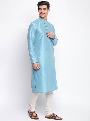 Maya Blue Art Silk plain Straight men kurta With Churidar 3