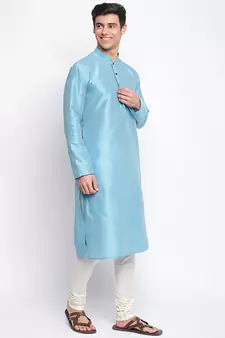Maya Blue Art Silk plain Straight men kurta With Churidar