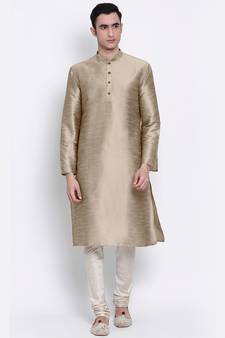 Khaki Art Silk plain Straight men kurta With Churidar