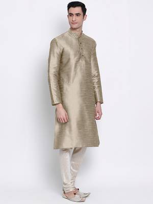 Khaki Art Silk plain Straight men kurta With Churidar 2