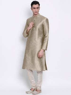 Khaki Art Silk plain Straight men kurta With Churidar 3