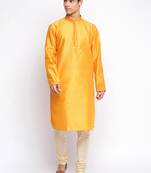 Orange Art Silk Woven Straight men kurta With Churidar