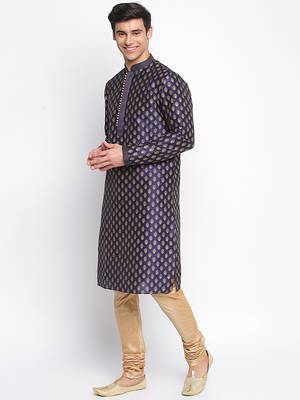 Deep Blue Art Silk Woven Straight men kurta With Churidar 2