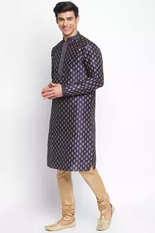 Deep Blue Art Silk Woven Straight men kurta With Churidar