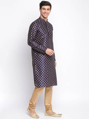 Deep Blue Art Silk Woven Straight men kurta With Churidar 3