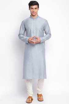 Grey Cotton Silk plain Straight men kurta With Churidar