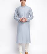 Grey Cotton Silk plain Straight men kurta With Churidar