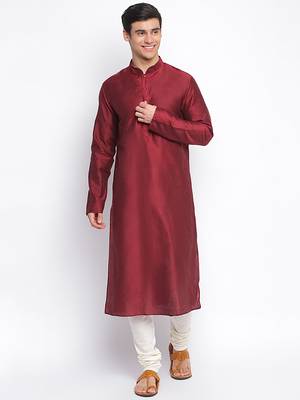 Maroon Cotton Silk plain Straight men kurta With Churidar 1