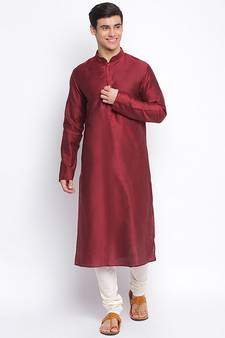 Maroon Cotton Silk plain Straight men kurta With Churidar