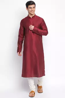 Maroon Cotton Silk plain Straight men kurta With Churidar