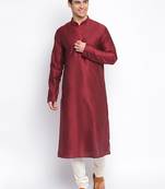 Maroon Cotton Silk plain Straight men kurta With Churidar