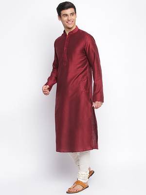 Maroon Cotton Silk plain Straight men kurta With Churidar 2